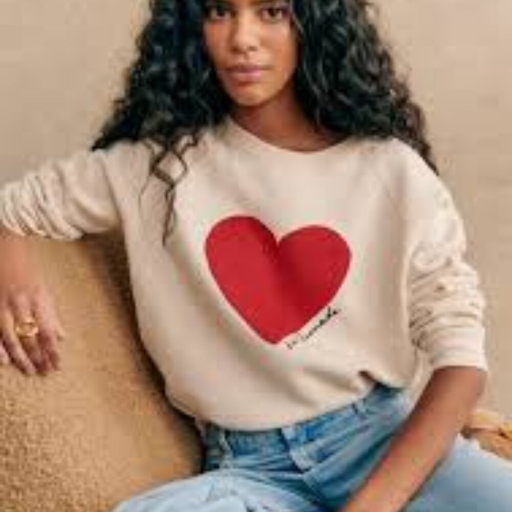 Sezane Cream Sweater with Red Heart Graphic